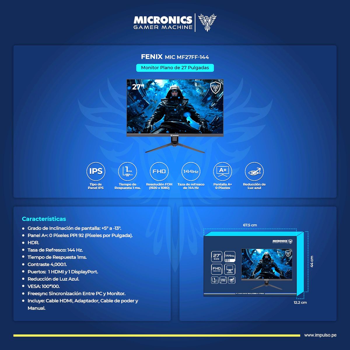 MICRONICS - Monitor Plano IPS Gaming 27 144Hz FHD Micronics Fenix - MIC MF27FF-144