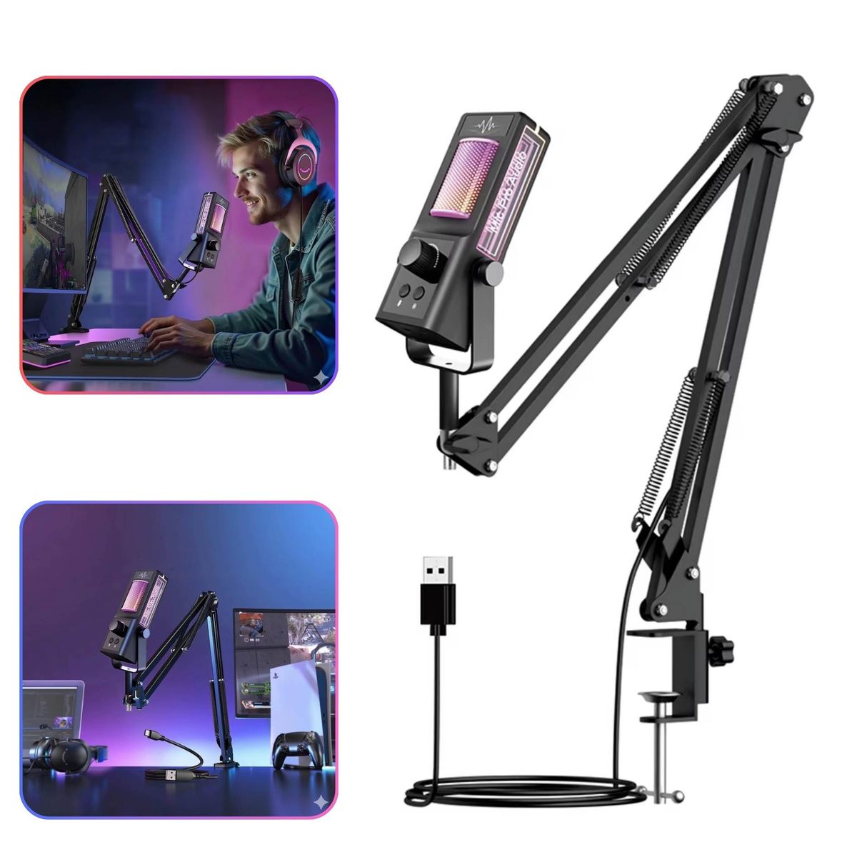 Microfono de Condensador USB RGB Gaming, Podcasting, Streaming y  YouTube con Brazo Articulado, marca SEISA - Foto Principal