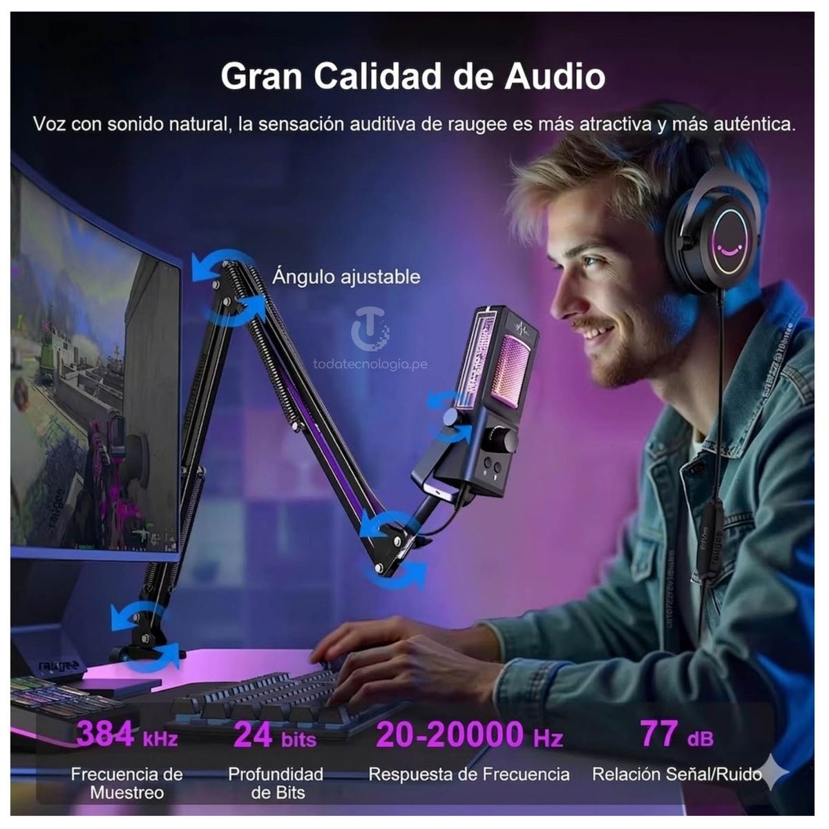 Microfono de Condensador USB RGB Gaming, Podcasting, Streaming y  YouTube con Brazo Articulado, marca SEISA - Foto 2