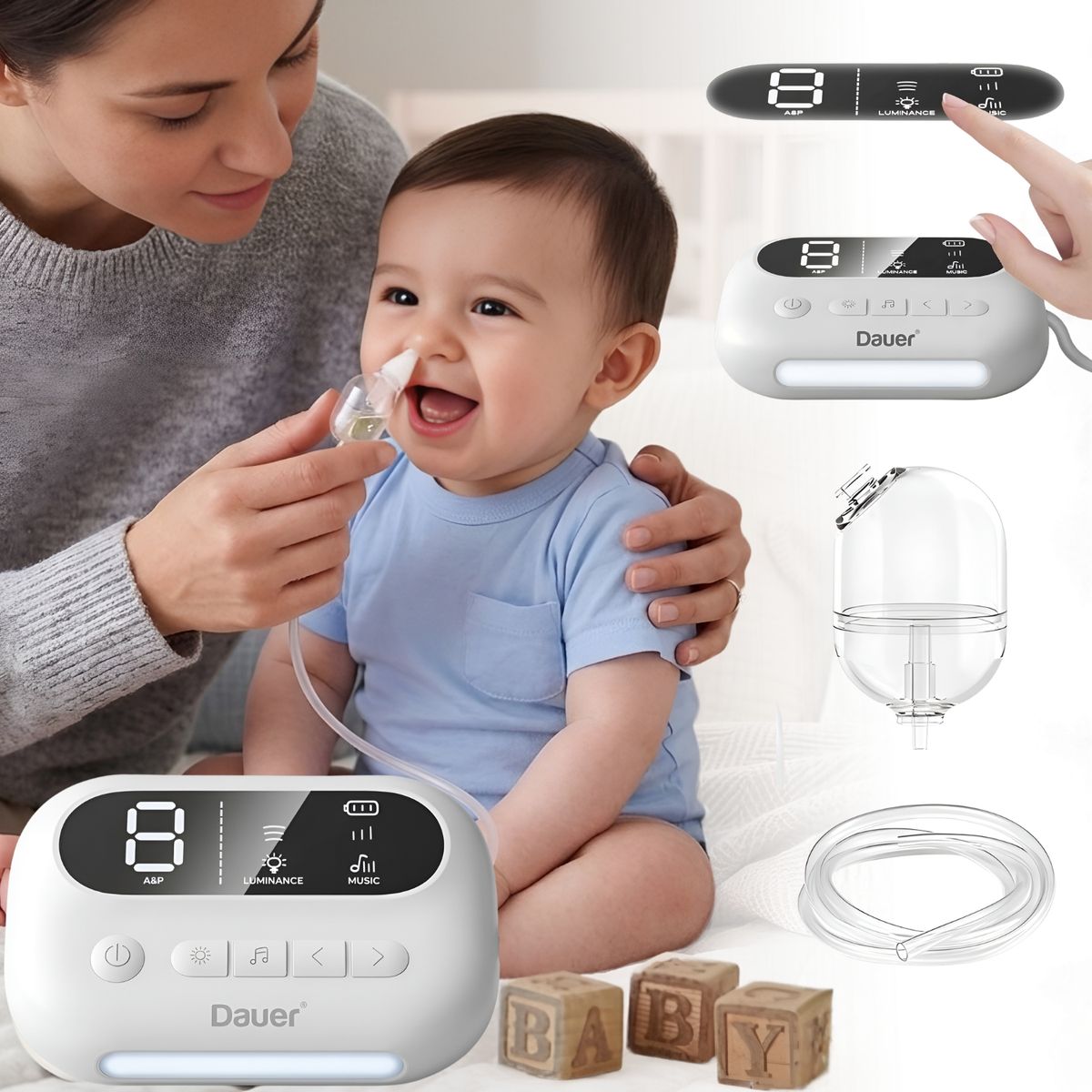 DAUER - Aspirador Nasal Infantil Electrico 9 Niveles De Succión Con Pantalla Digital Y Música y Boquillas