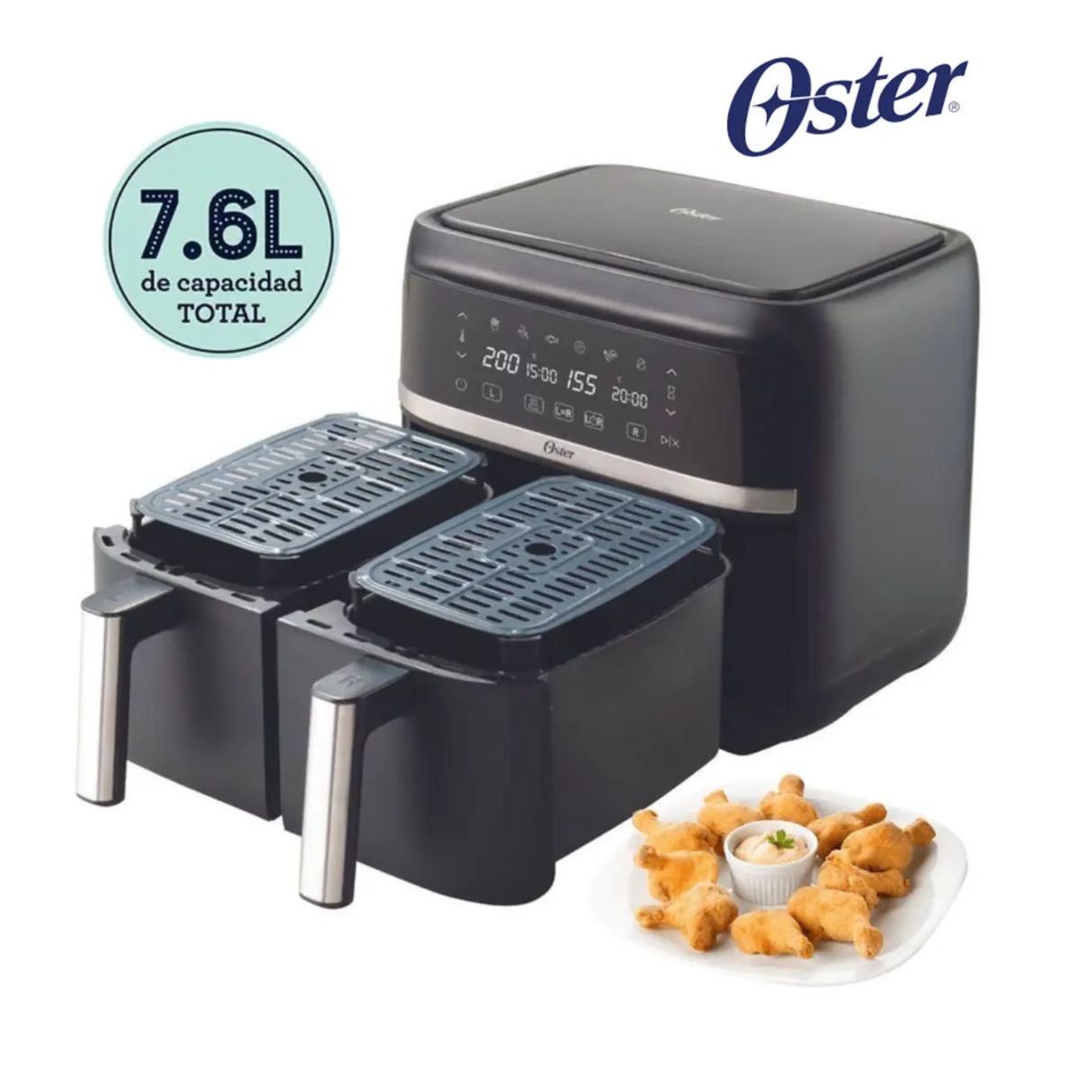 OSTER - Freidora de Aire dual Oster® de 7,6L con Recubrimiento DiamondForce
