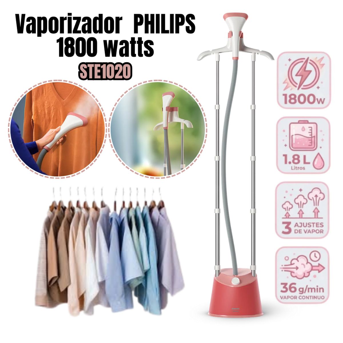 PHILIPS - Vaporizador de prendas Philips 1800W Tanque 1.8LT STE102040