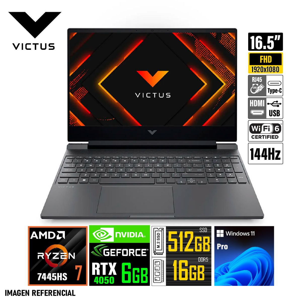 HP - Laptop Gaming HP Victus 15-FB3022LA 15.6" FHD 144Hz, AMD Ryzen 7,16GB DDR5, 512GB SSD, RTX 4050 6GB