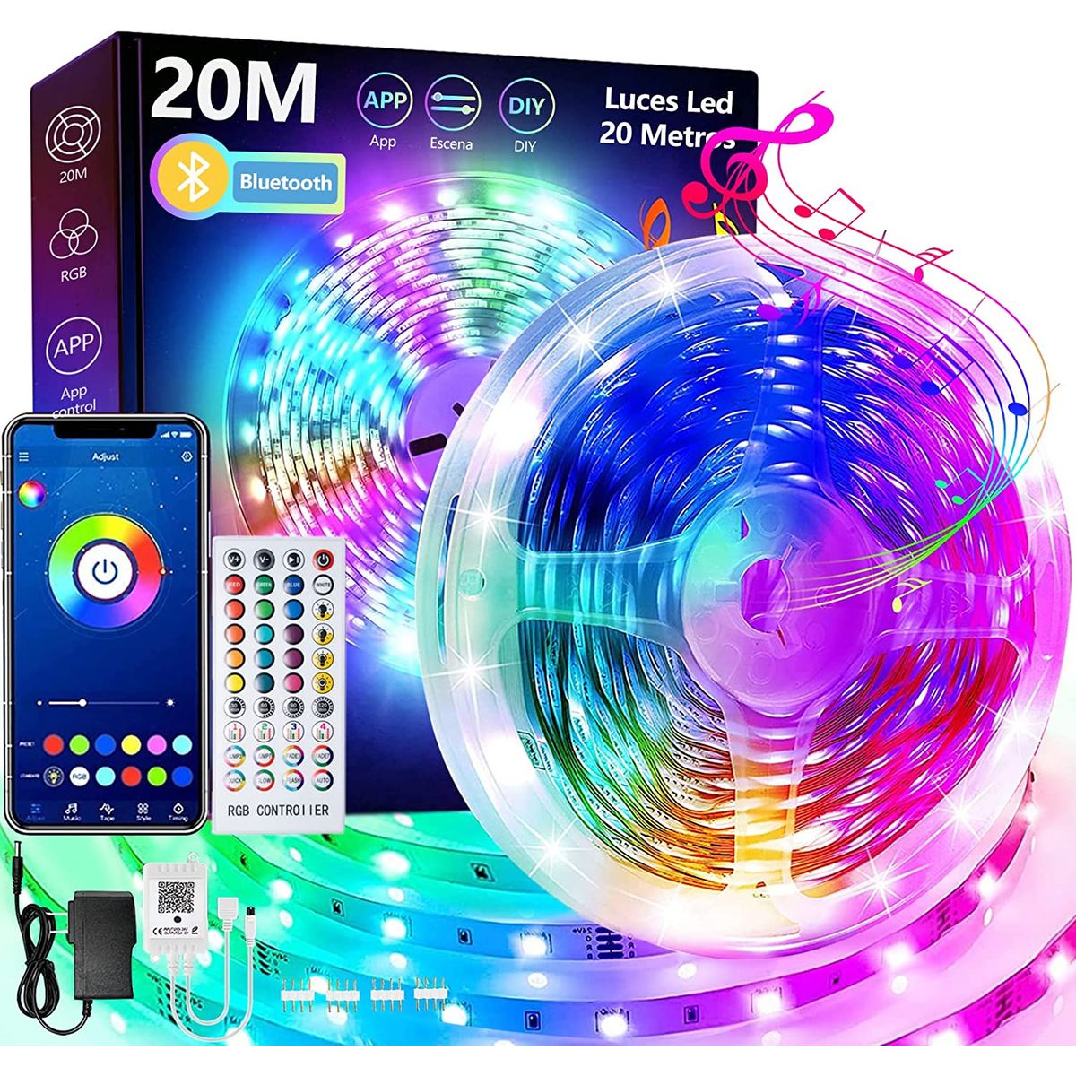 PUREPOWER - Tira LED 20 Metros, Salandens Luces LED 5050 RGB 24V De Música, Bluetooth y Control Remoto