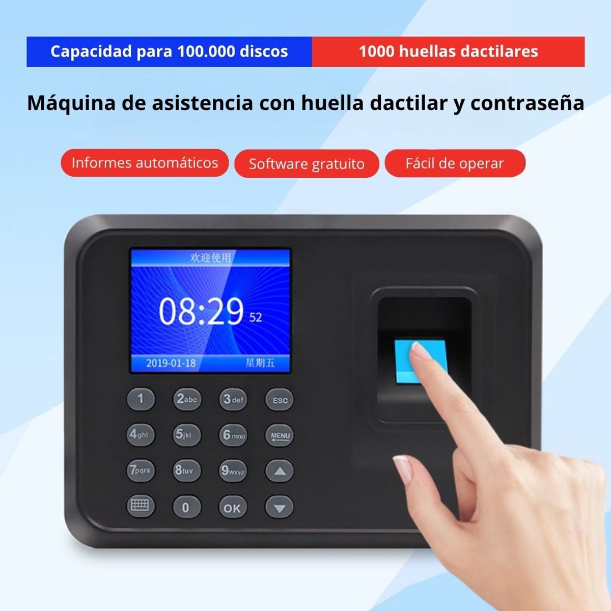 SEISA - Reloj Biométrico de Asistencia SEISA con Huella Digital Pantalla LCD y USB para Descarga