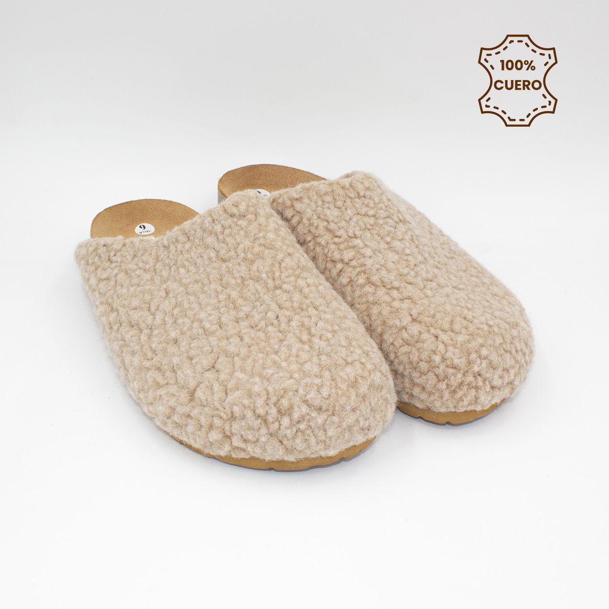 FAR WEST - Pantufla Zueco Mujer y Hombre Wooly Color Beige de Cuero