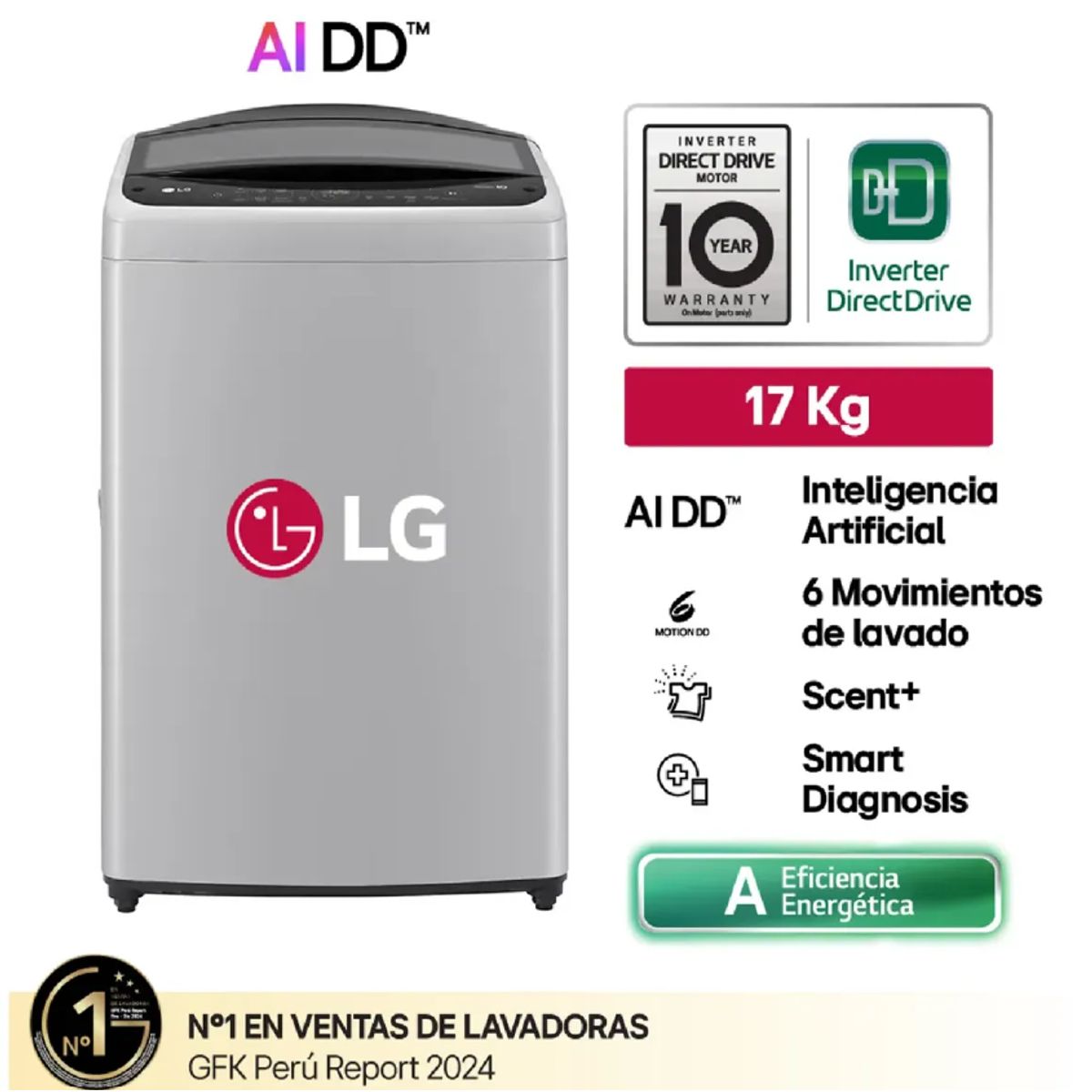 LG - Lavadora LG WT17DV6T Carga Superior 17 Kg AI DD Inteligencia Artificial - Gris