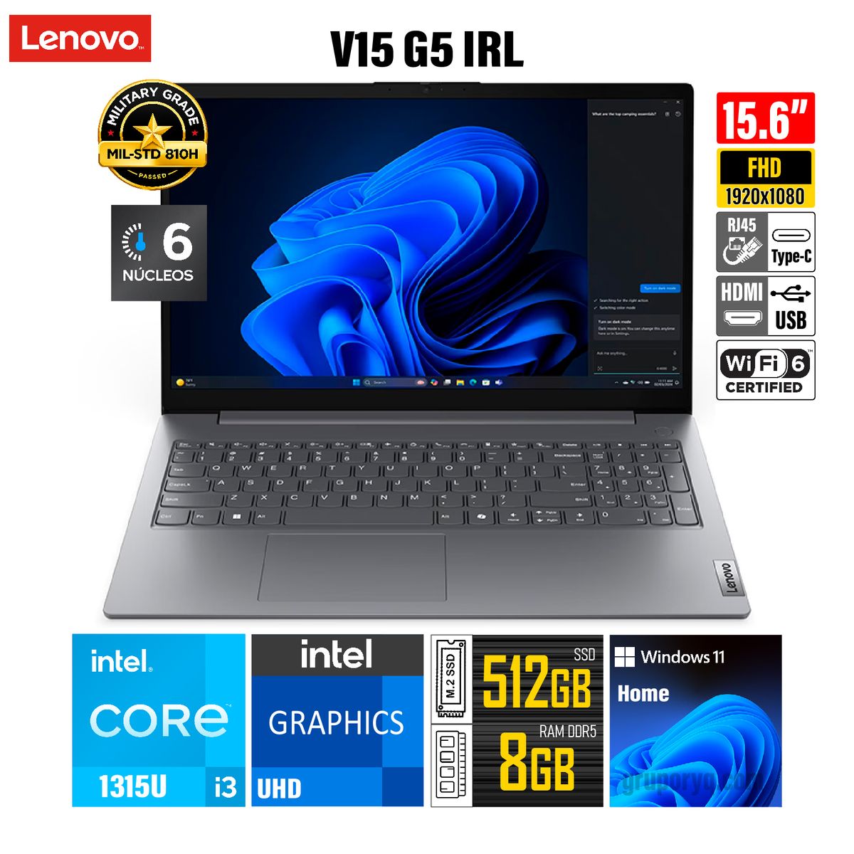 LENOVO - LAPTOP LENOVO V15 G5 IRL PANTALLA 15.6 FHD INTEL CORE I3-13TH RAM 8GB DDR5 EXP 32GB SSD 512GB