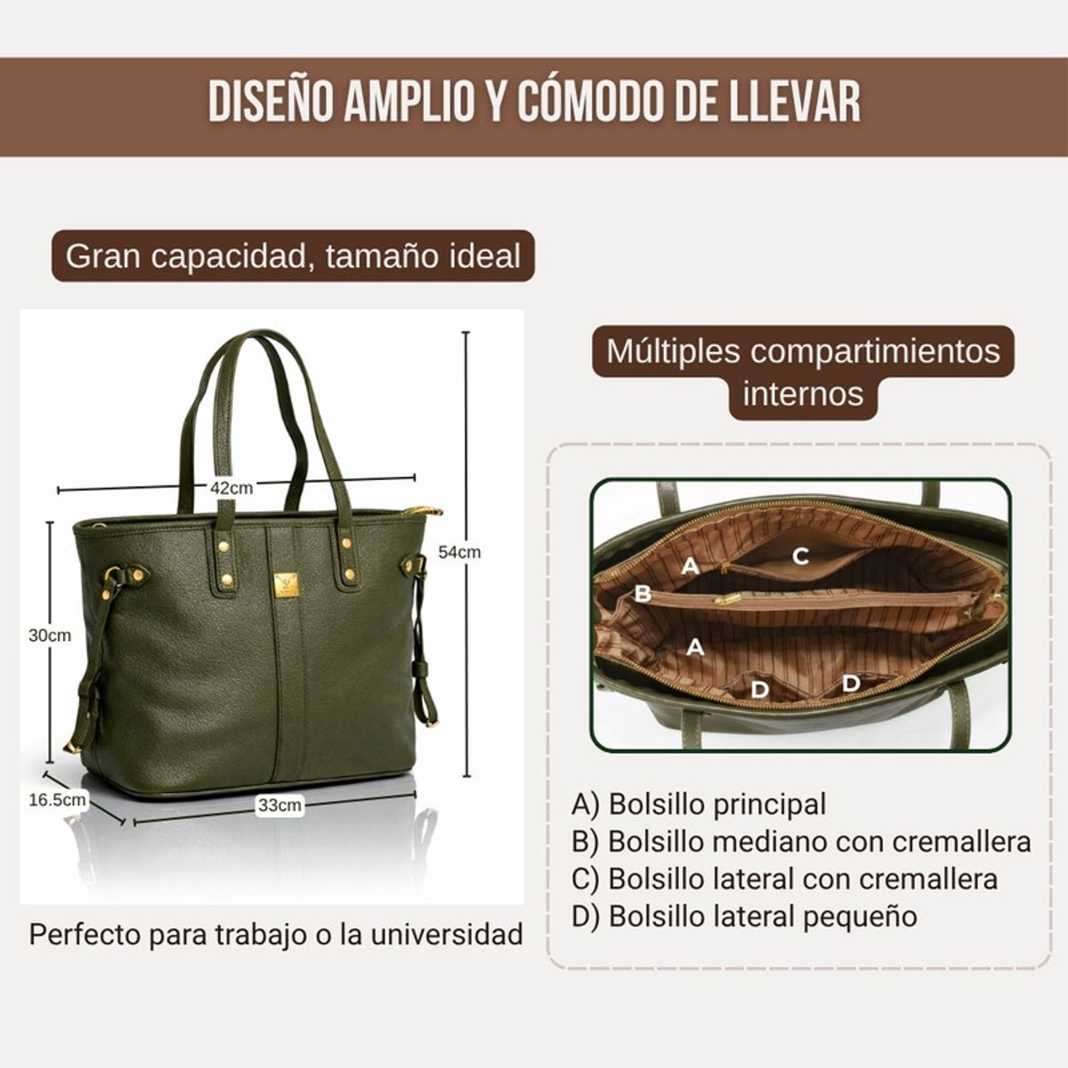 INDEMA - Bolso Tote Bag Cuero PU Amplio Perfecto para Trabajo Diario - Olivo