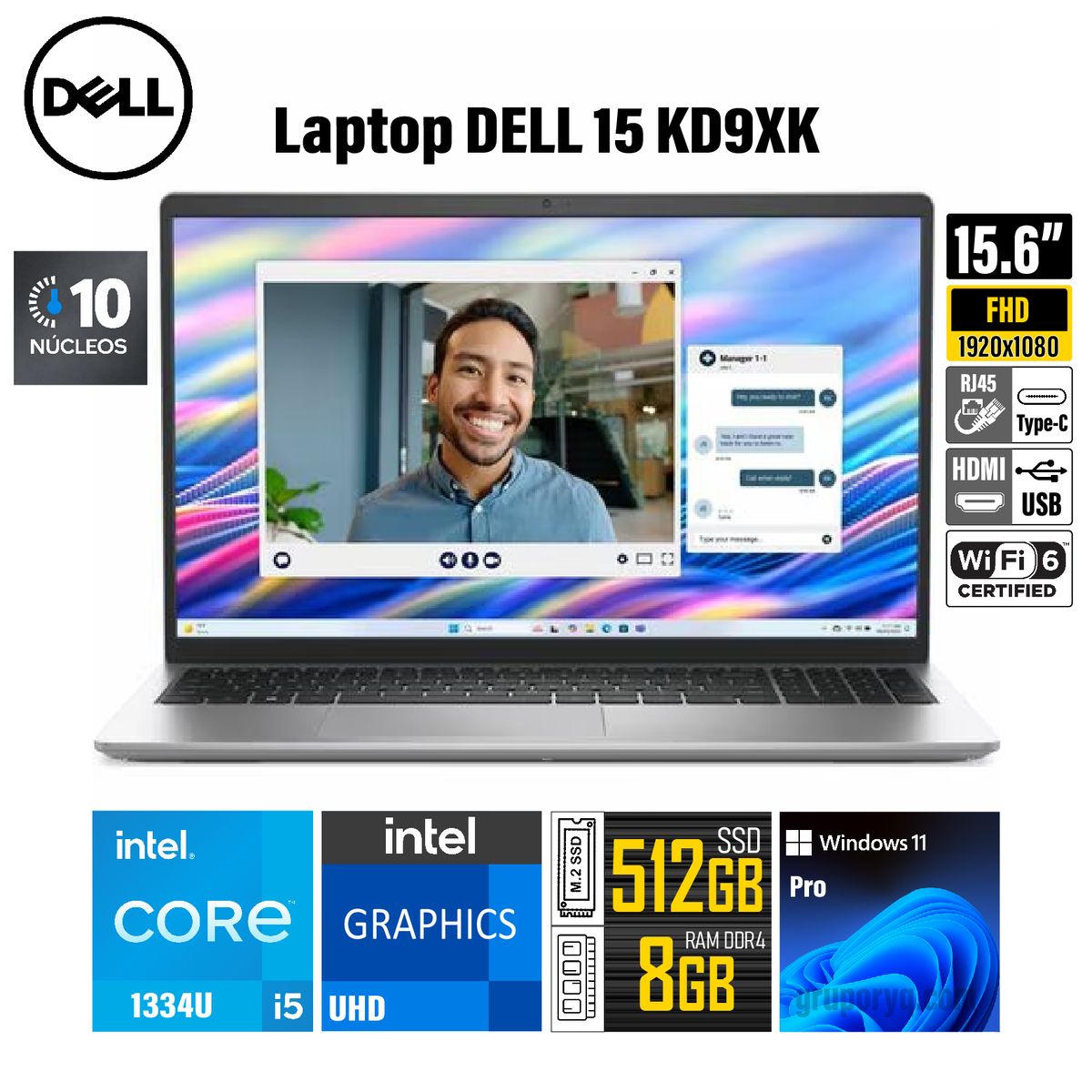 DELL - LAPTOP DELL 15 PANTALLA 15.6" FHD RAM 8GB DDR4 (EXP 32GB) SSD 512GB + R.MOCHILA