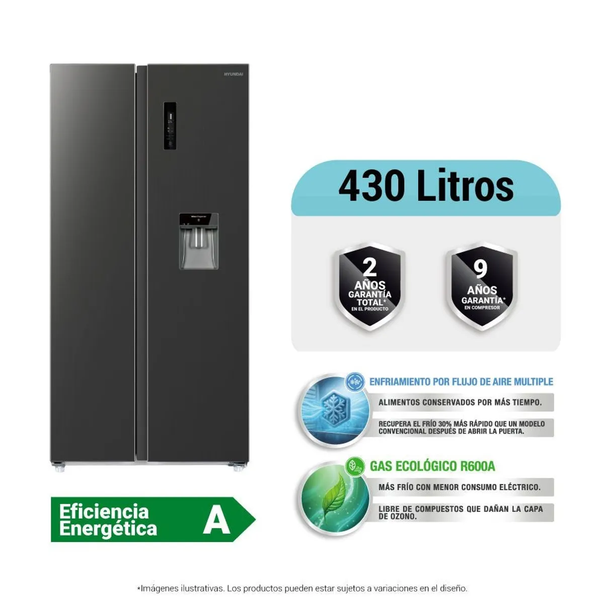 HYUNDAI - Refrigeradora Hyundai 430LT Side By Side HYRF450SXS Negro