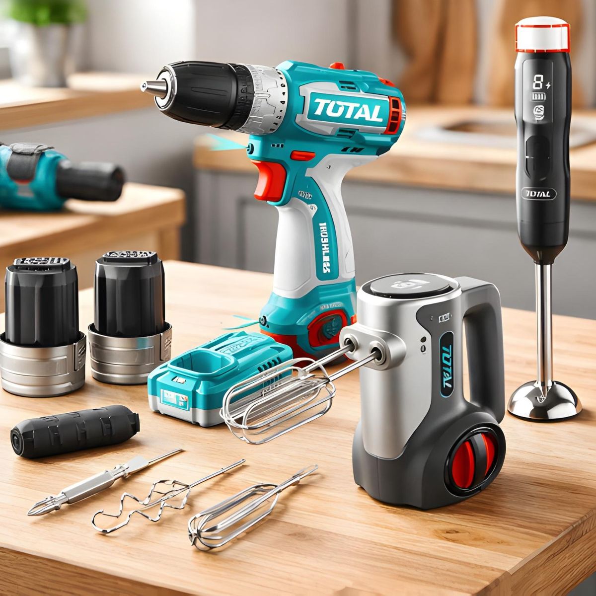 TOTAL - Combo 3 en 1 Taladro Atornillador 60nm + Batidoras 16v Total