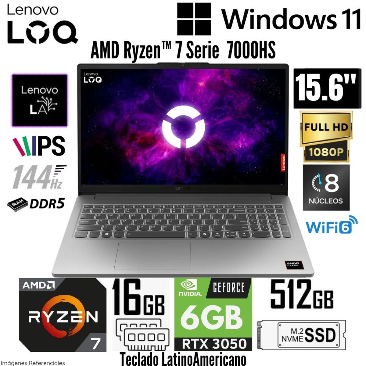 Laptop Lenovo LOQ Essential 15ARP10E AMD Ryzen 7 7735HS 16GB RAM 512GB SSD RTX 3050-6GB 15.6"  FHD, marca LENOVO - Foto Principal