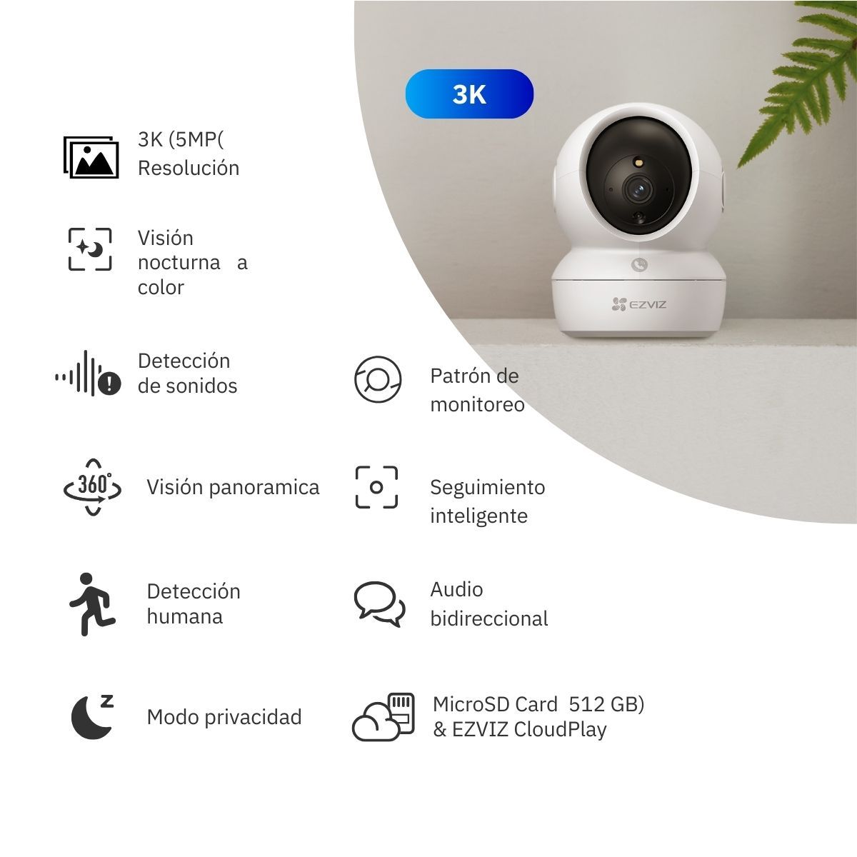 EZVIZ - Cámara Inalámbrica Wifi 360º H6C 3K 5MP + Micro SD 128GB interior Giratoria 360 - Ezviz