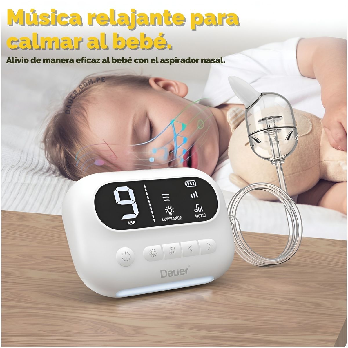 DAUER - Aspirador O Succionador Nasal Infantil Silencioso Con 9 Niveles Luz Nocturna Y Melodías
