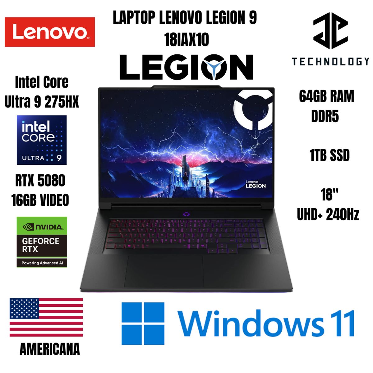 LENOVO - LAPTOP LENOVO LEGION 9 18IAX10 / ULTRA 9 275HX / RTX 5080 16GB VIDEO / 64GB DDR5 / 1TB SSD