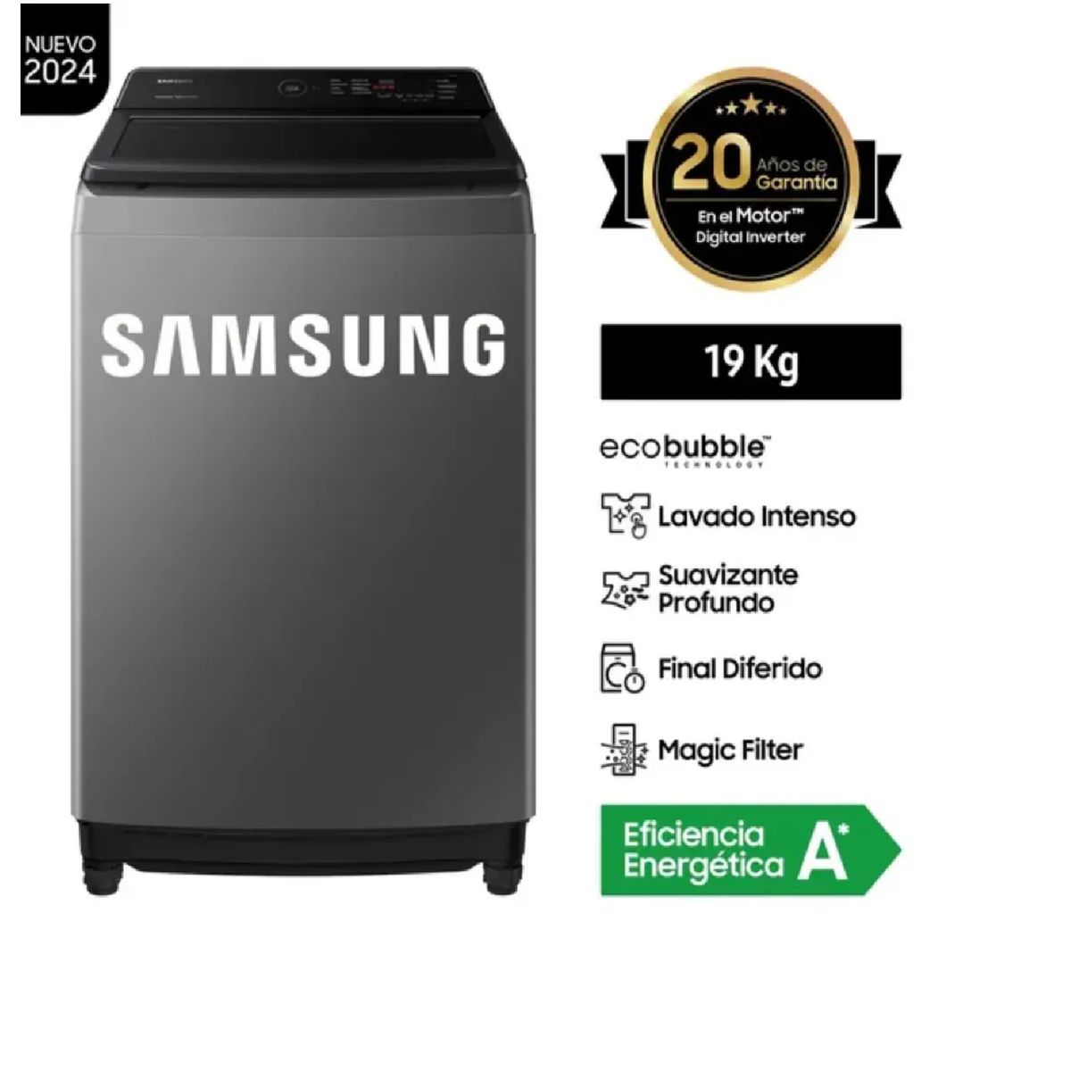 SAMSUNG - Lavadora Samsung WA19CG6441BDPE EcoBubble™ 19Kg - Gris Oscuro