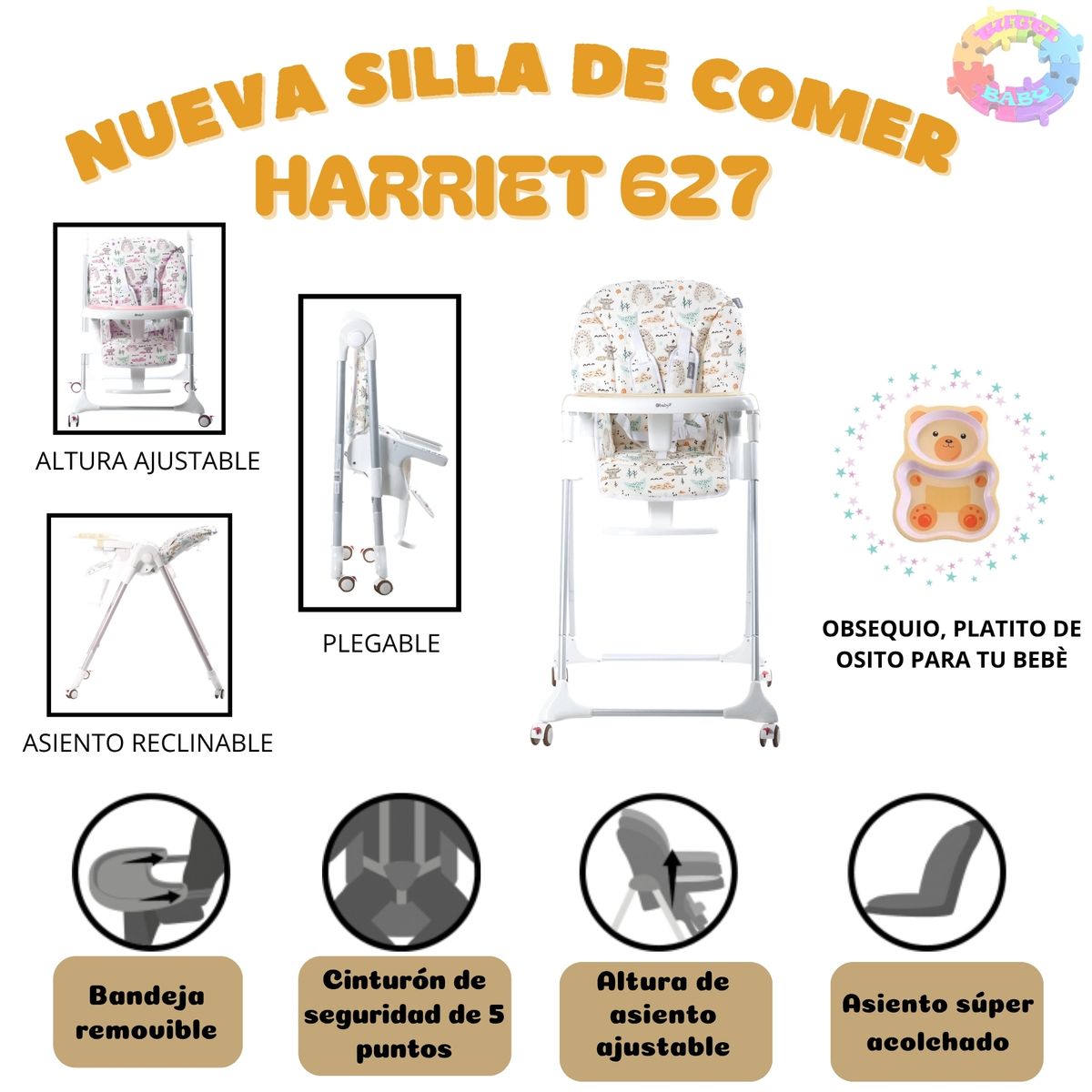 EBABY - SILLA DE COMER HARRIET GRADUABLE PLEGABLE - BEIGE