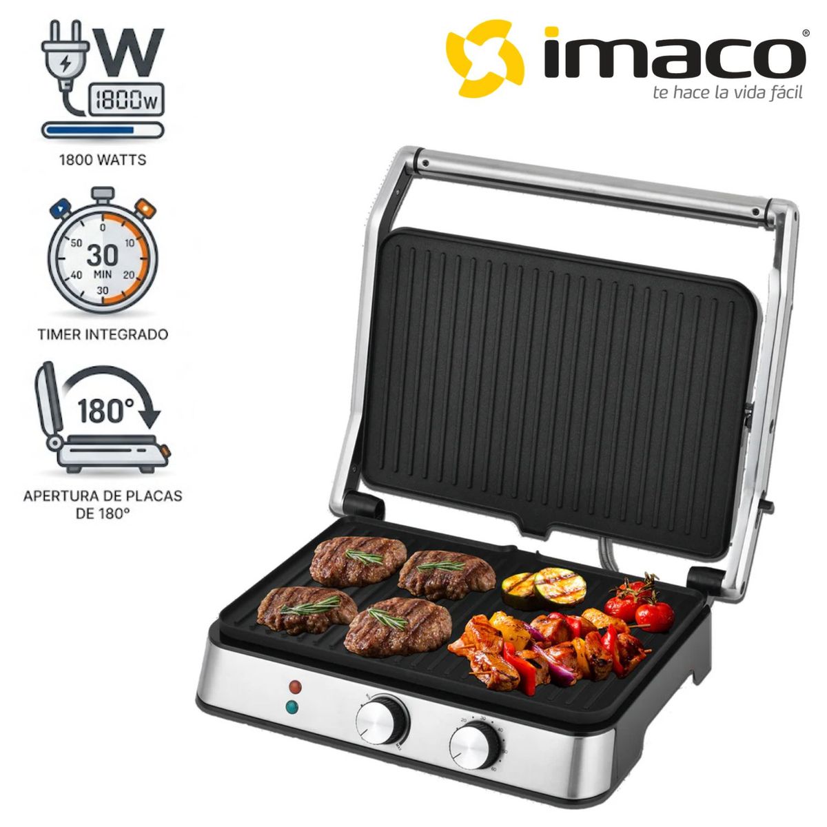 IMACO - Parrilla Grill Panini Imaco IG 3423 Tamaño XL 06 Panes con Niveles de Temperaturas