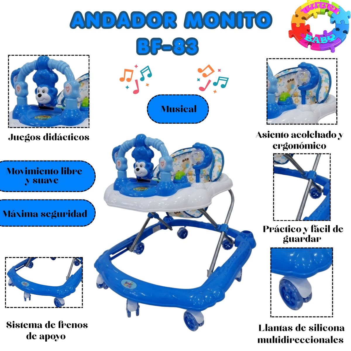 HI BABY - ANDADOR  MUSICAL DIDACTICO CON ESTRUCTURA REFORZADA -  AZUL CON GRIS