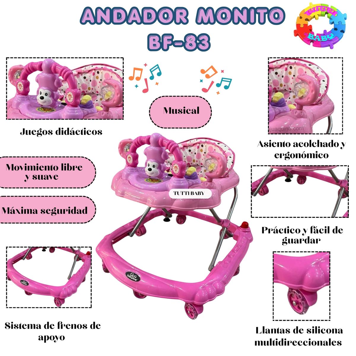 HI BABY - ANDADOR  MUSICAL DIDACTICO CON ESTRUCTURA REFORZADA - ROSADO