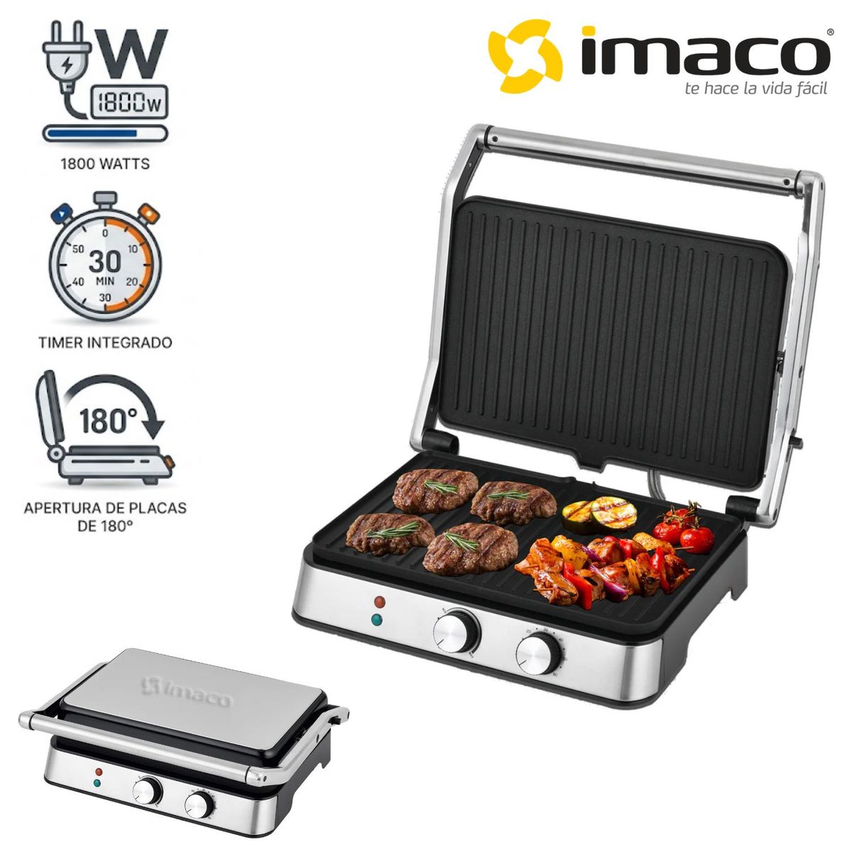 IMACO - Grill Panini Imaco IG 3423 Tamaño XL con perilla para Temperatura y Timer