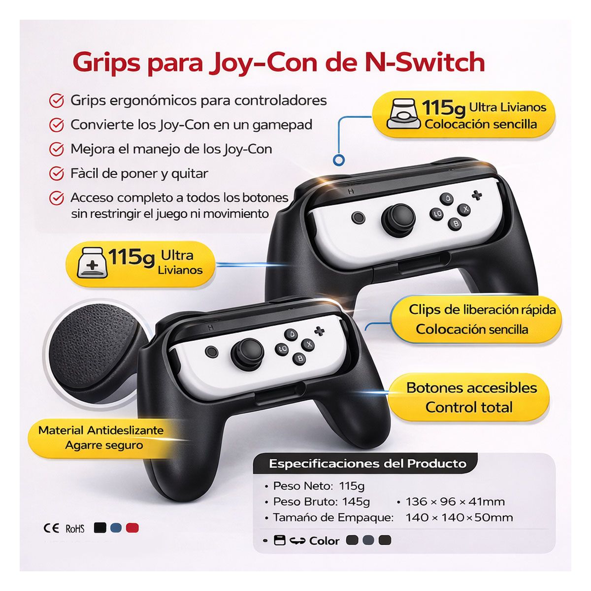 MIMD - Grips Para Joy Con Comodidad Total Control Pro Tipo Mando NEGRO