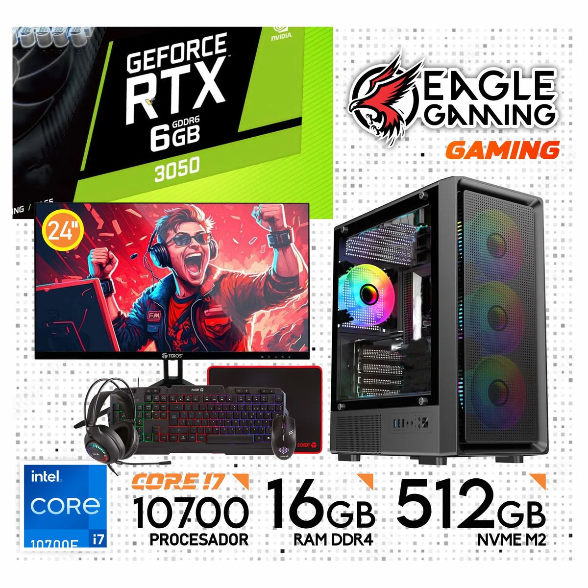 NVIDIA - COMPUTADORA PC GAMER INTEL CORE I7 10700F 16GB SSD512GB RTX 3050 6GB MONITOR 24 FHD