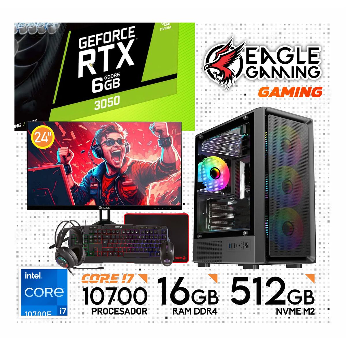 NVIDIA - COMPUTADORA PC GAMER INTEL CORE I7 10700F 16GB SSD512GB RTX 3050 6GB MONITOR 24 FHD
