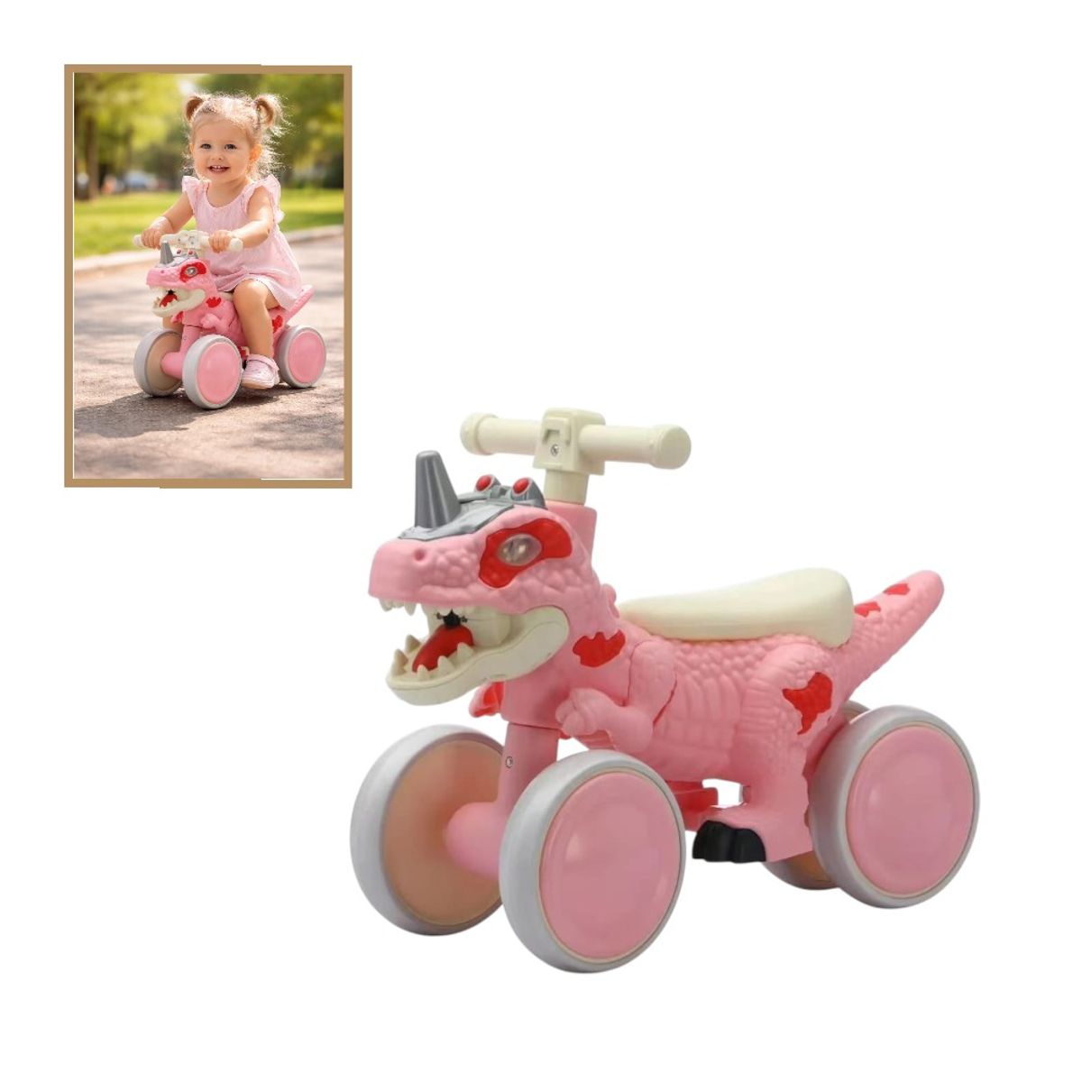 GENERICO - BICICLETA DE EQUILIBRIO DINO CON EFECTO BOTA HUMO, LUCES Y MUSICAL