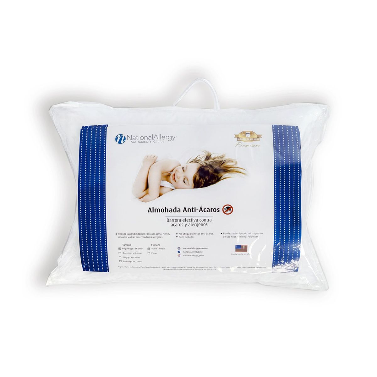 NATIONAL ALLERGY - Almohada Antiácaros Firme Estándar 53x69cm