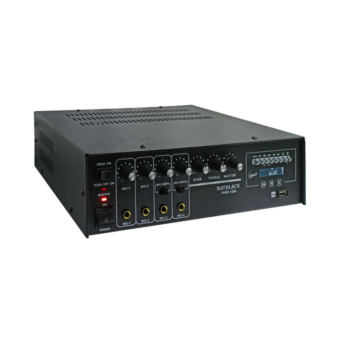 BATBLACK - Amplificador de Audio 120W 4 Entradas para Micrófono USB/FM/Bluetooth PAM3-1204 BATBLACK