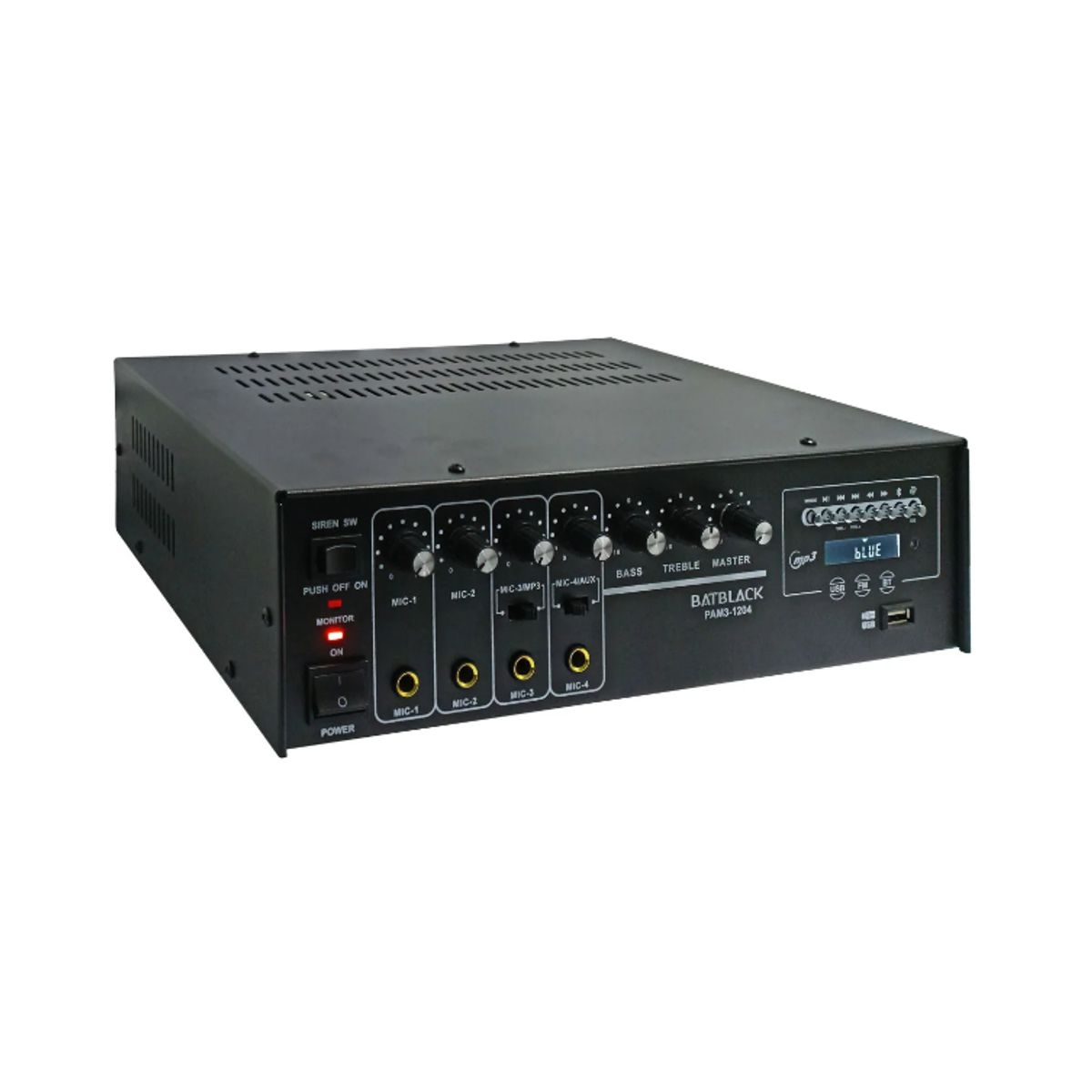 BATBLACK - Amplificador de Audio 120W 4 Entradas para Micrófono USB/FM/Bluetooth PAM3-1204 BATBLACK