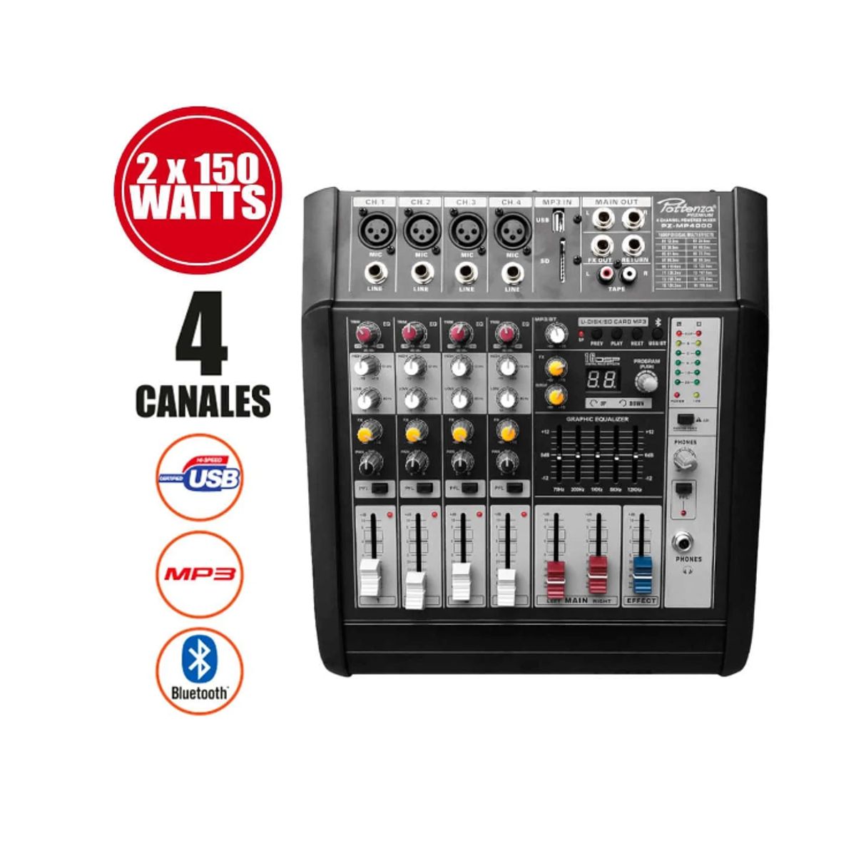 Consola Amplificada 4 canales USB/MP3/Bluetooth PZ-MP4000 POTTENZA, marca POTENZA - Foto Principal