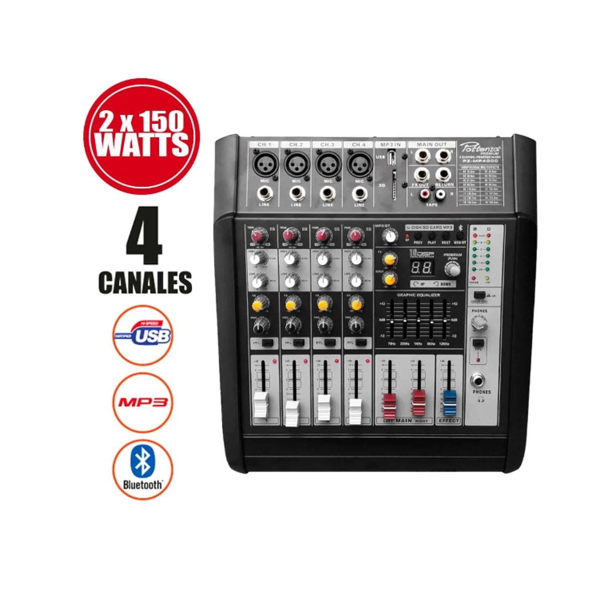 Consola Amplificada 4 canales USB/MP3/Bluetooth PZ-MP4000 POTTENZA, marca POTENZA - Foto Principal