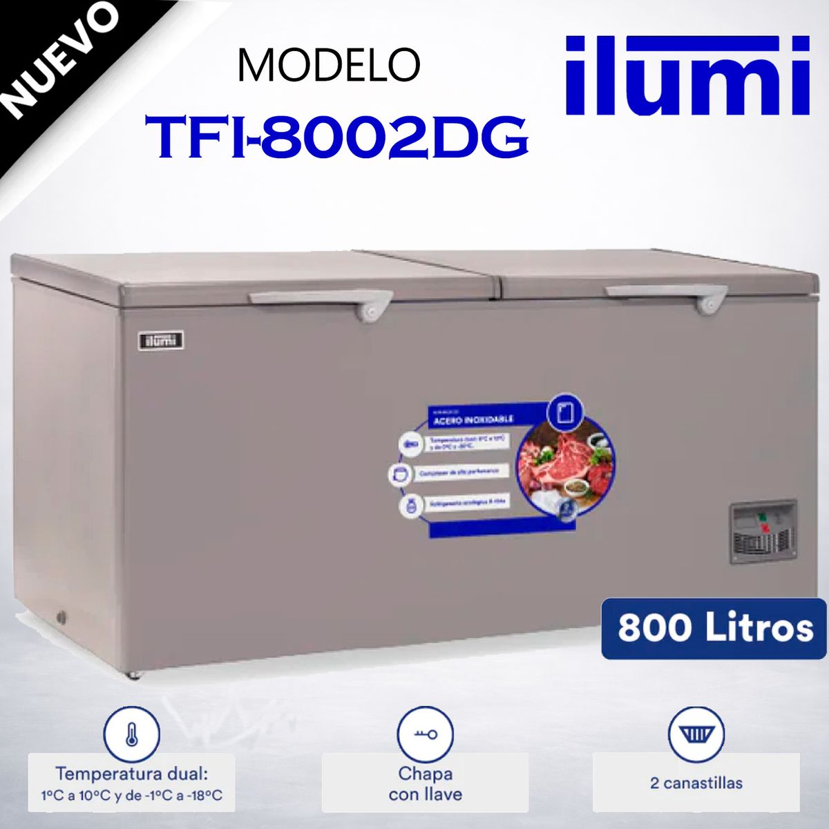 ILUMI - Congelador con tina de Acero Inoxidable de 800 litros - TFI-8002DG