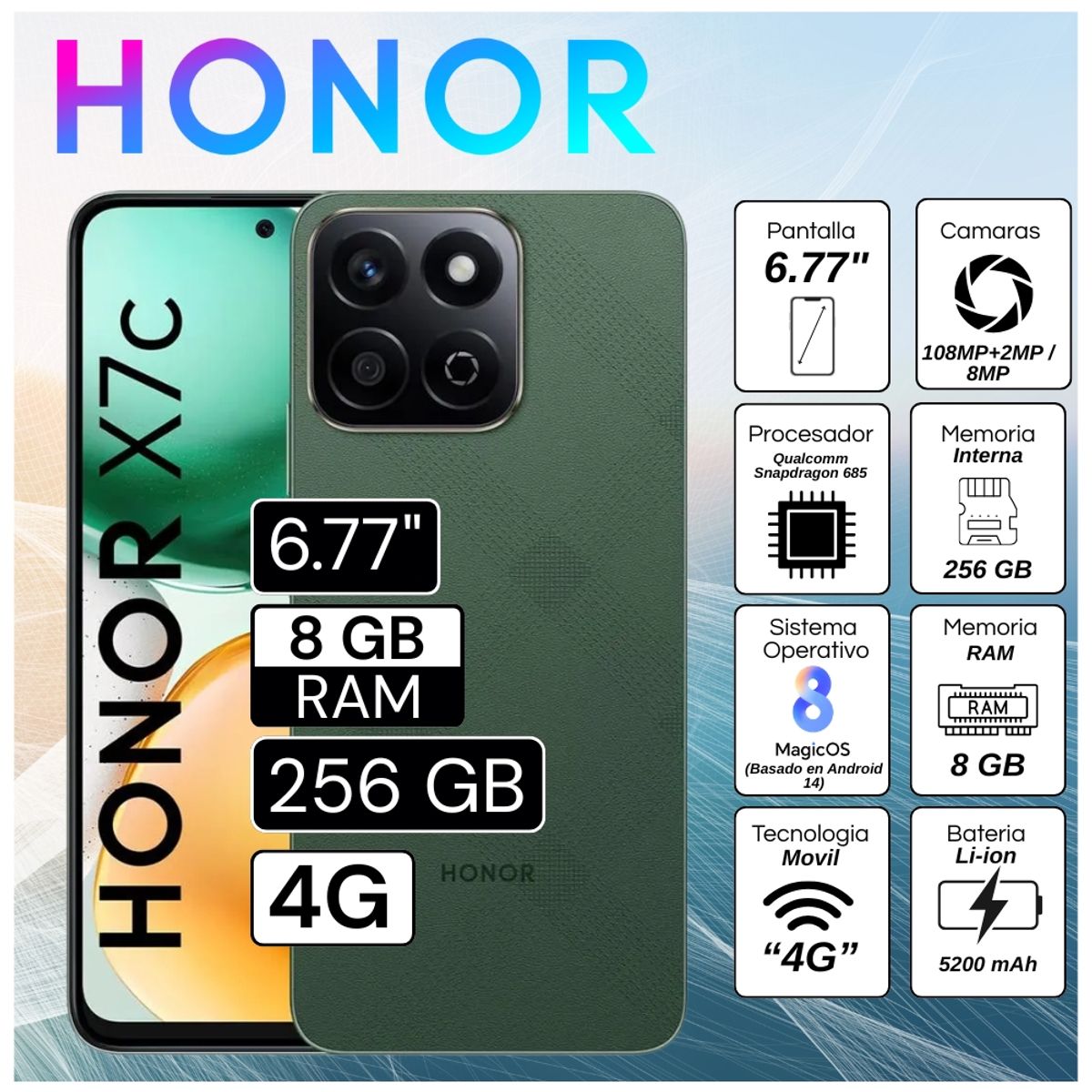 HONOR - Celular Honor X7C 6.77"  Pulg. 8GB RAM 256GB RAM MagicOS 8.0 -  Verde foresta