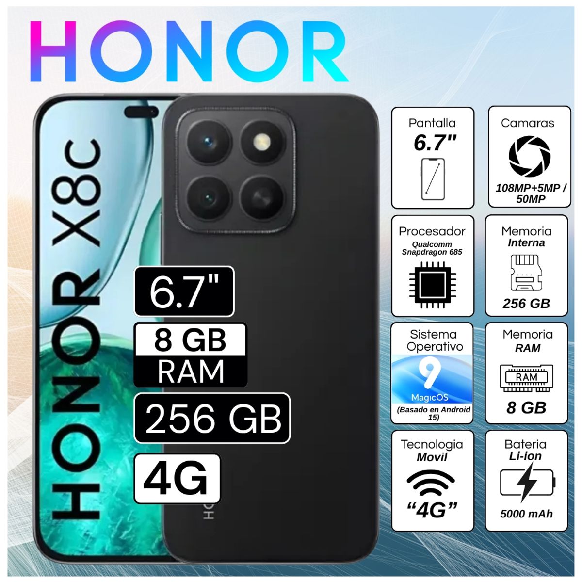 HONOR - Celular Honor X8C 6.7"  Pulg  8GB RAM 256GB MagicOS 9.0 - Negro Medianoche