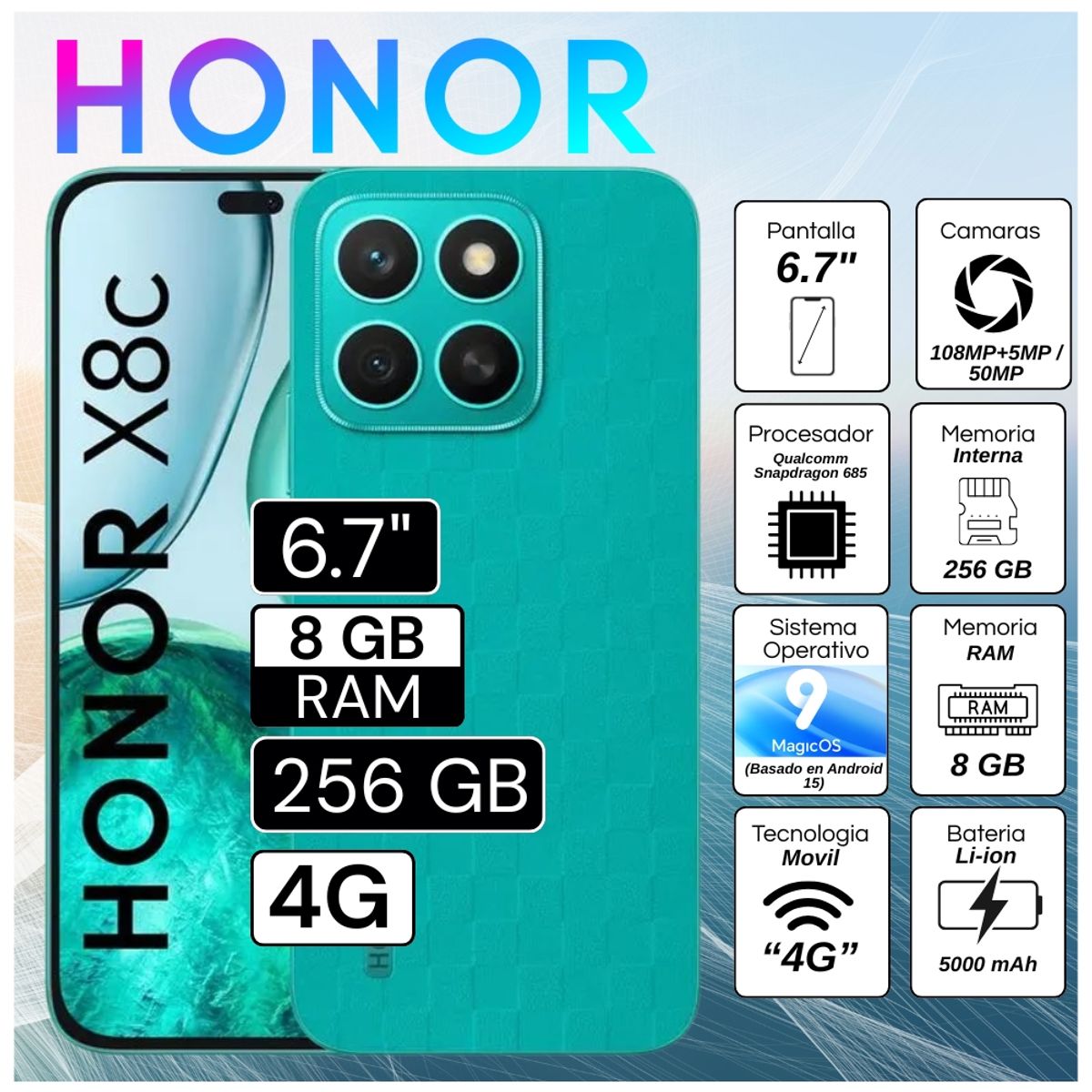 HONOR - Celular Honor X8C 6.7"  Pulg  8GB RAM 256GB MagicOS 9.0 - Verde Marrs