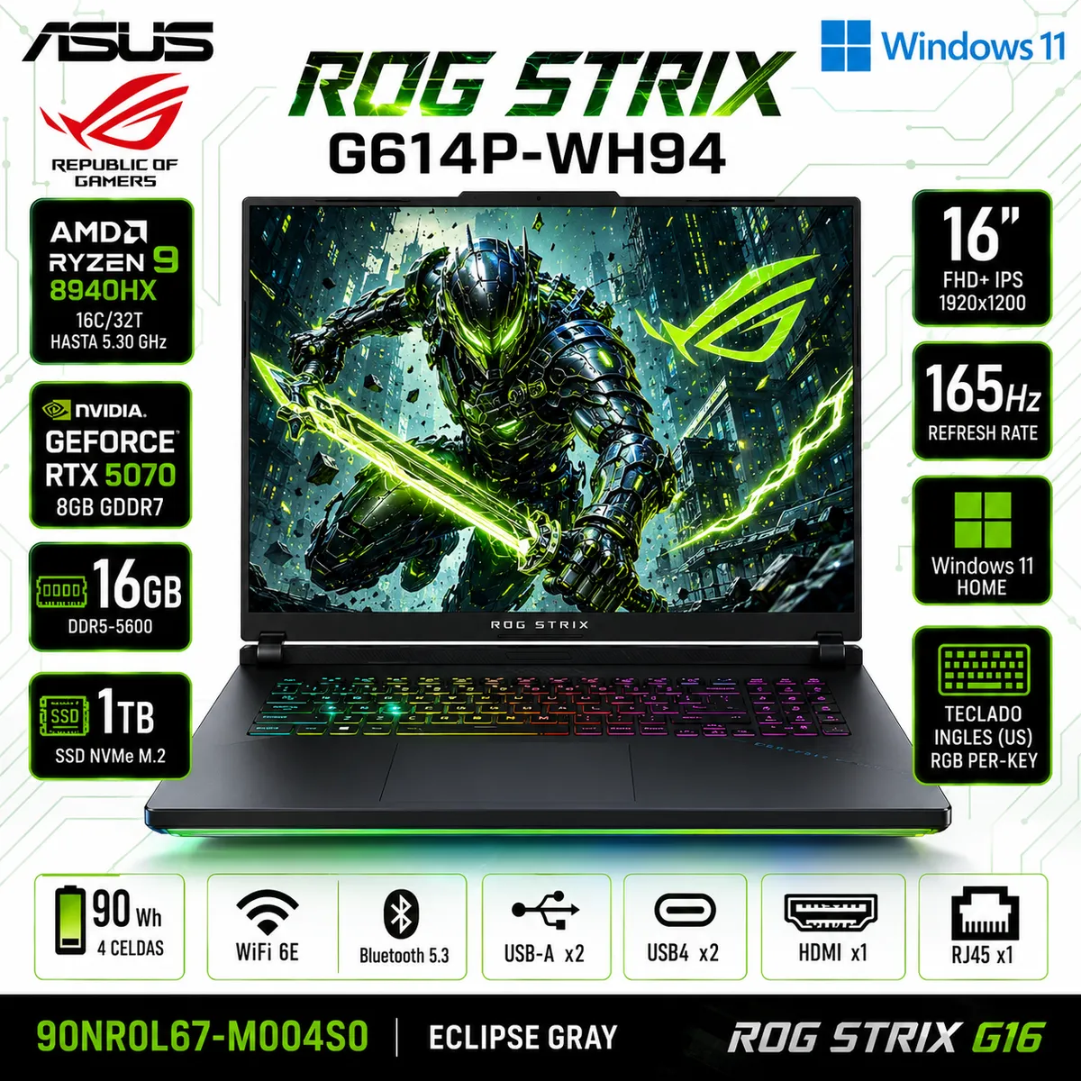 ASUS - Laptop Gamer Asus ROG STRIX G16 Ryzen 9-8940HX 16GB RAM 1TB SSD RTX5070-8GB 16FHD+ 165HZ G614P-WH94