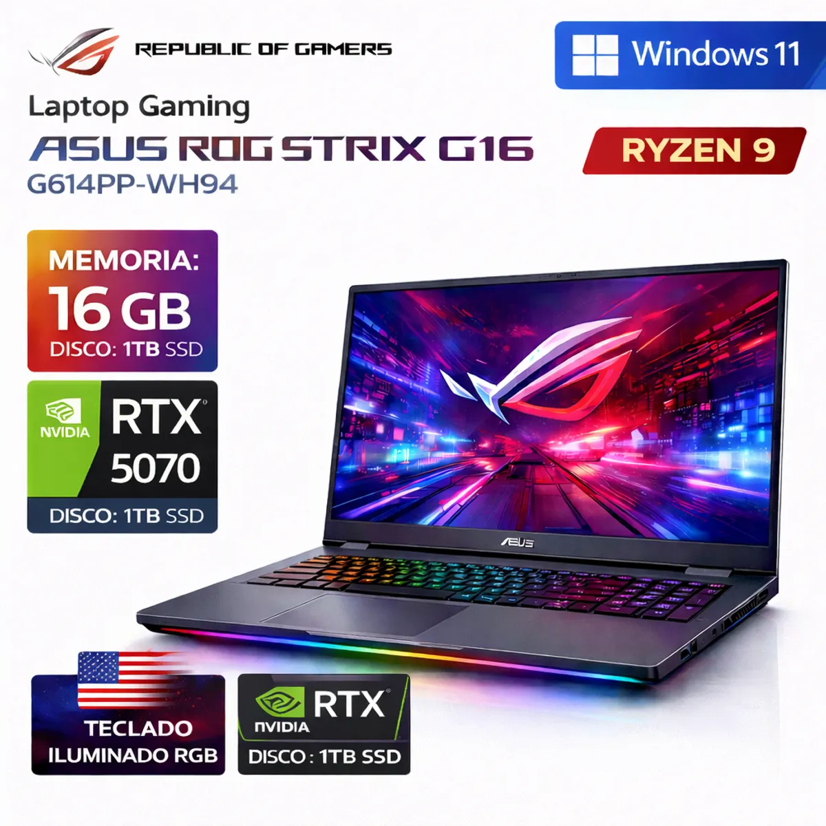 ASUS - Laptop Gamer Asus ROG STRIX G16 Ryzen 9-8940HX 16GB RAM 1TB SSD RTX5070-8GB 16FHD+ 165HZ G614P-WH94