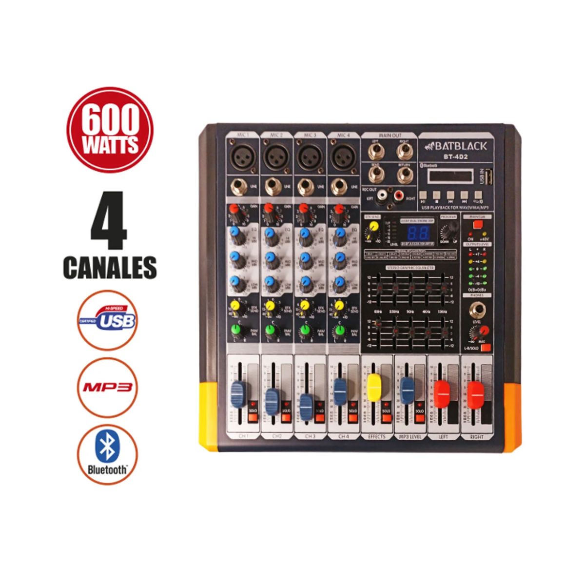 BATBLACK - Consola Amplificada 600W 4 canales USB/MP3/Bluetooth BT-4D2 BATBLACK