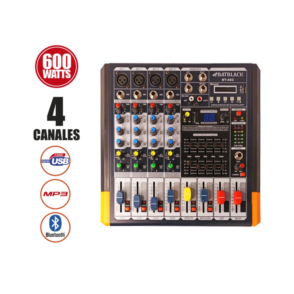 BATBLACK - Consola Amplificada 600W 4 canales USB/MP3/Bluetooth BT-4D2 BATBLACK