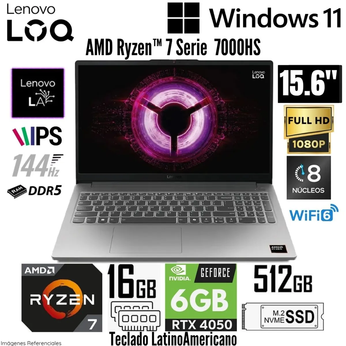 LENOVO - Laptop Lenovo LOQ 15ARP10E AMD 7 7735HS 16GB RAM 512GB SSD RTX 4050-6GB 15.6"  FHD - 144Hz