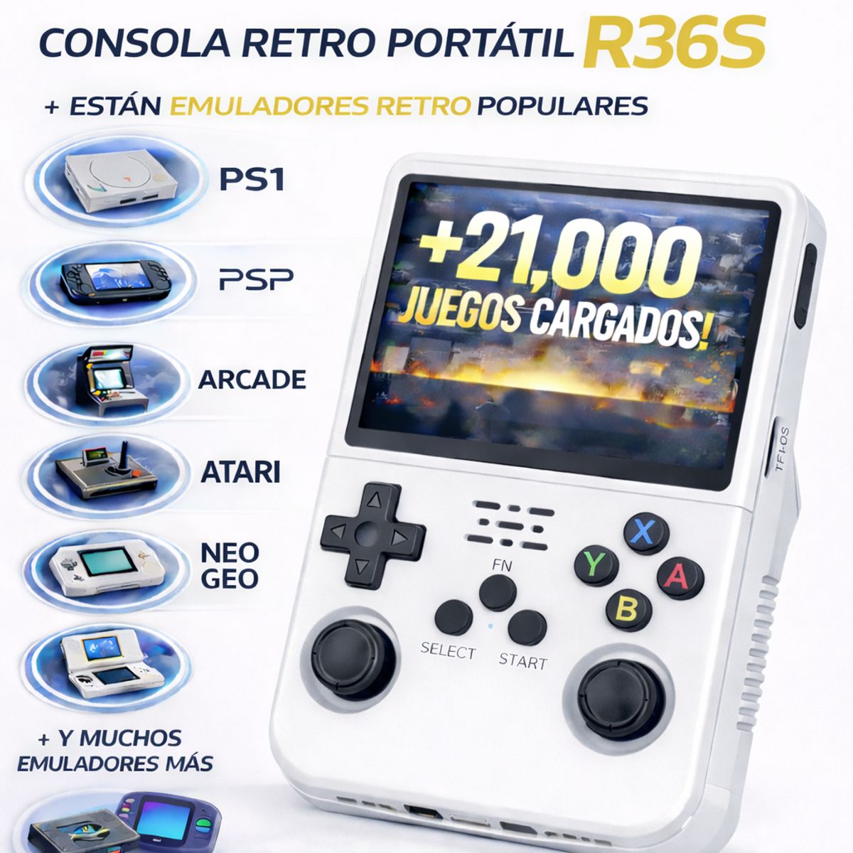 GENERICO - Consola Portatil Retro R36S 64GB Blanco