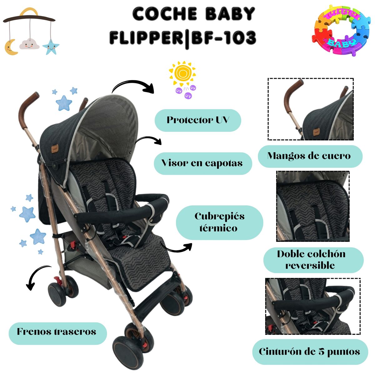 HI BABY - COCHE BASTON  BABY  FLIPPER  CON DOBLE COLCHON REVERSIBLE  BF - 103 - NEGRO