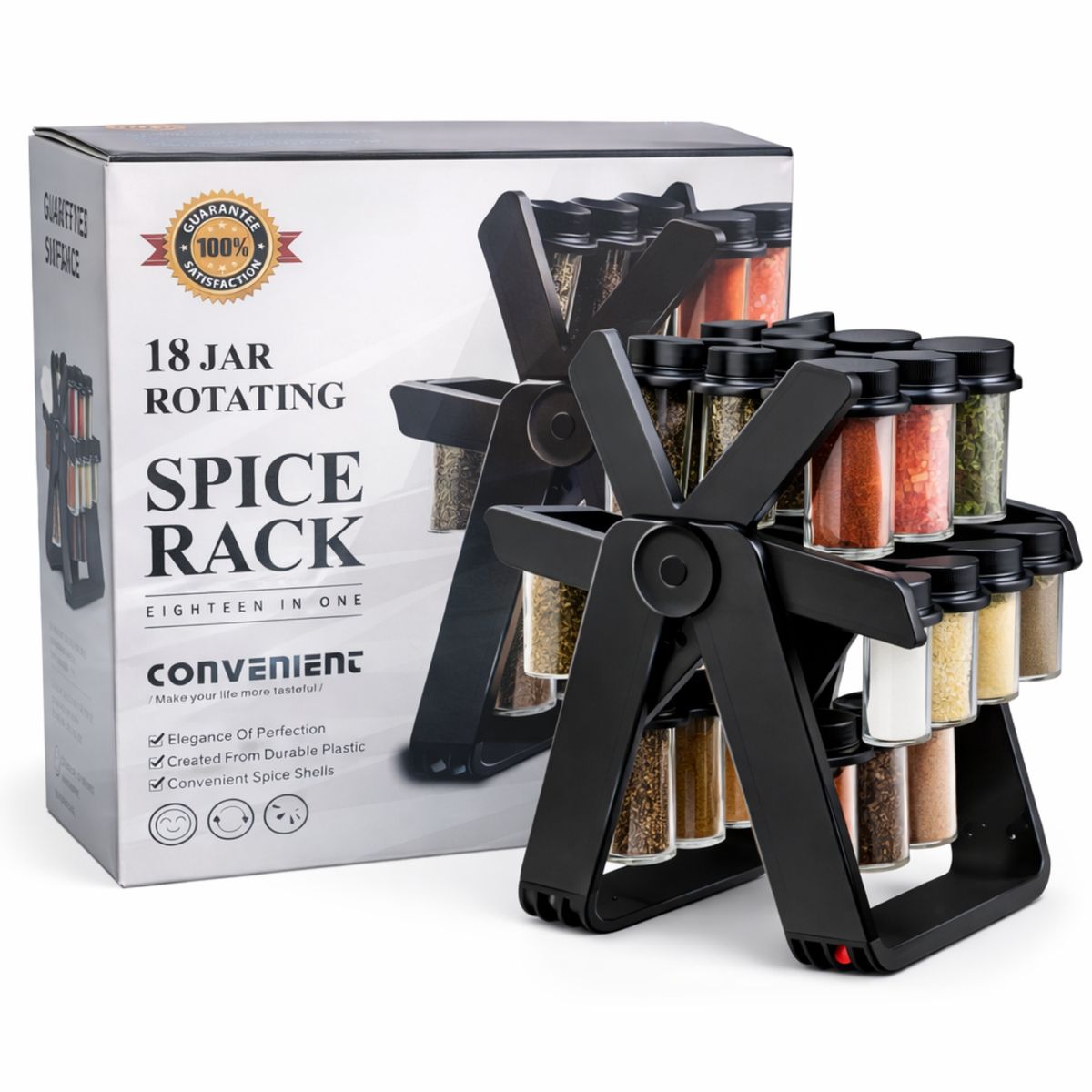 GENERICO - Condimentero de Especias Giratorio 360° con 18 Frascos – Rack Cocina Premium Negro