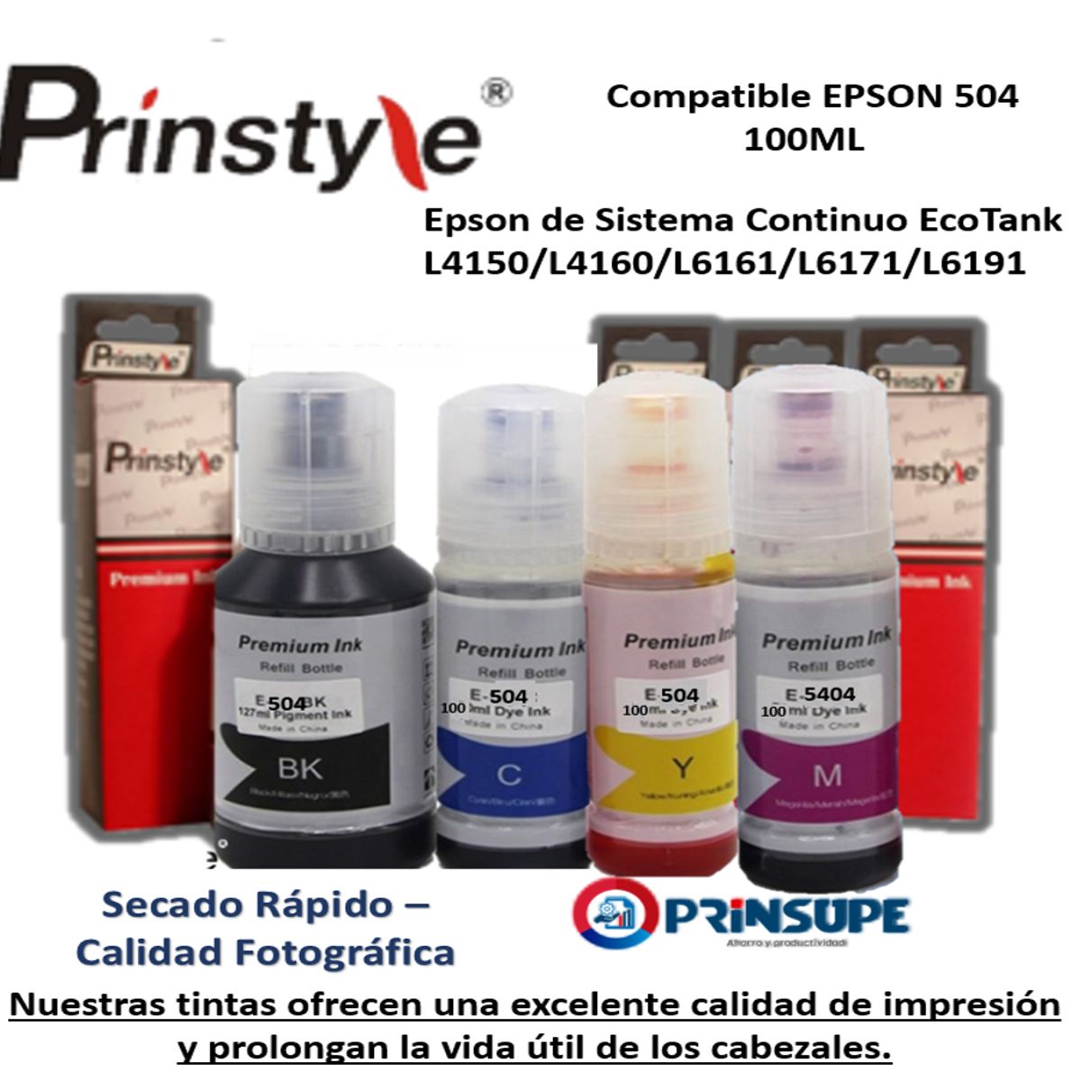 PRINSTYLE - PACK DE TINTAS 504 EPSON (4 COLORES) COMPATIBLE PRINSTYLE 100ML