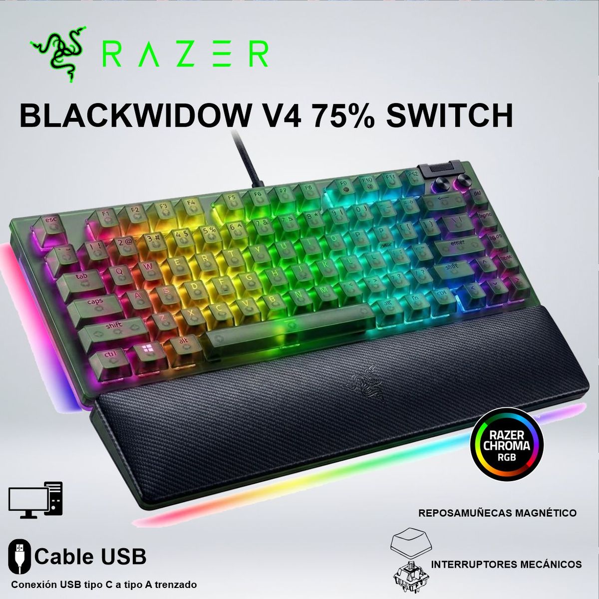 RAZER - TECLADO GAMER BLACKWIDOW V4 75% SWITCH ORANGE HOT-SWAPPABLE 8000hz US 3.ª GEN PHANTOM GREEN ED.