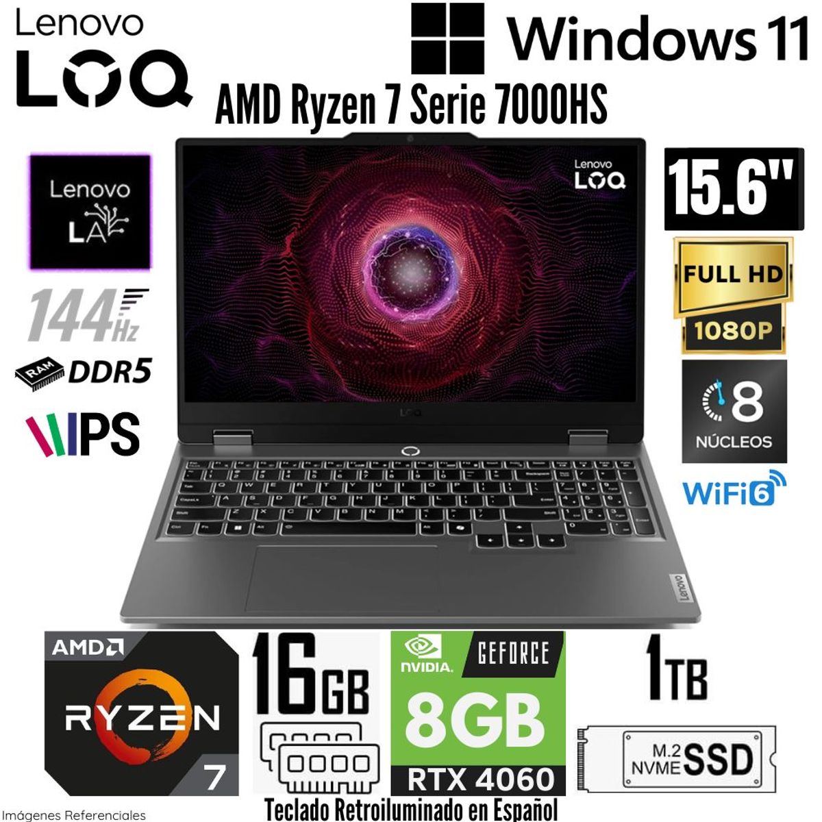 LENOVO - Laptop Lenovo LOQ 15ARP9 AMD Ryzen 7 7435HS 16GB RAM 1TB SSD RTX 4060-8GB 15.6"  FHD - 144 Hz